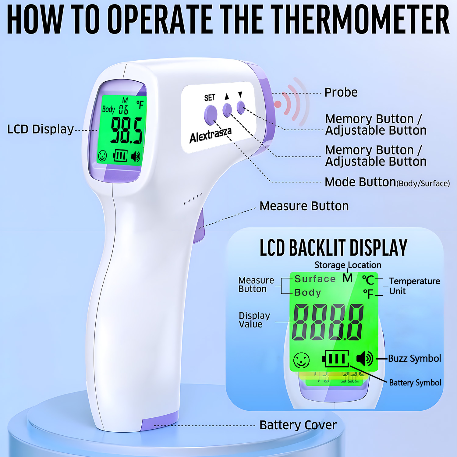 Digital Thermometer Infrared - Thermomètre numérique frontal Portable sans Contact,